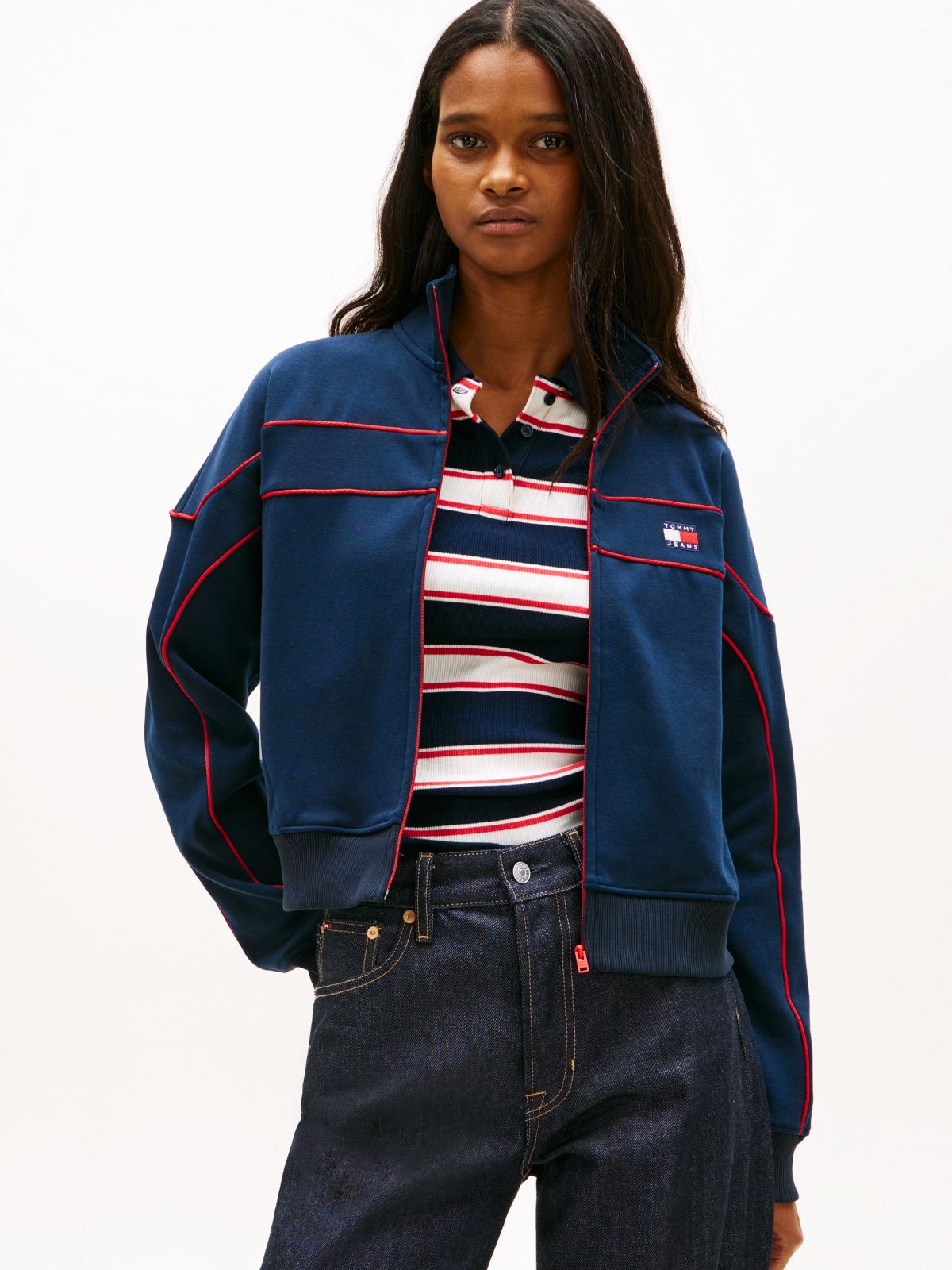 Tommy Badge Piping Zip-Thru Sweatshirt — Blue