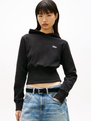 black athleisure sueded terry slim hoody for women tommy jeans