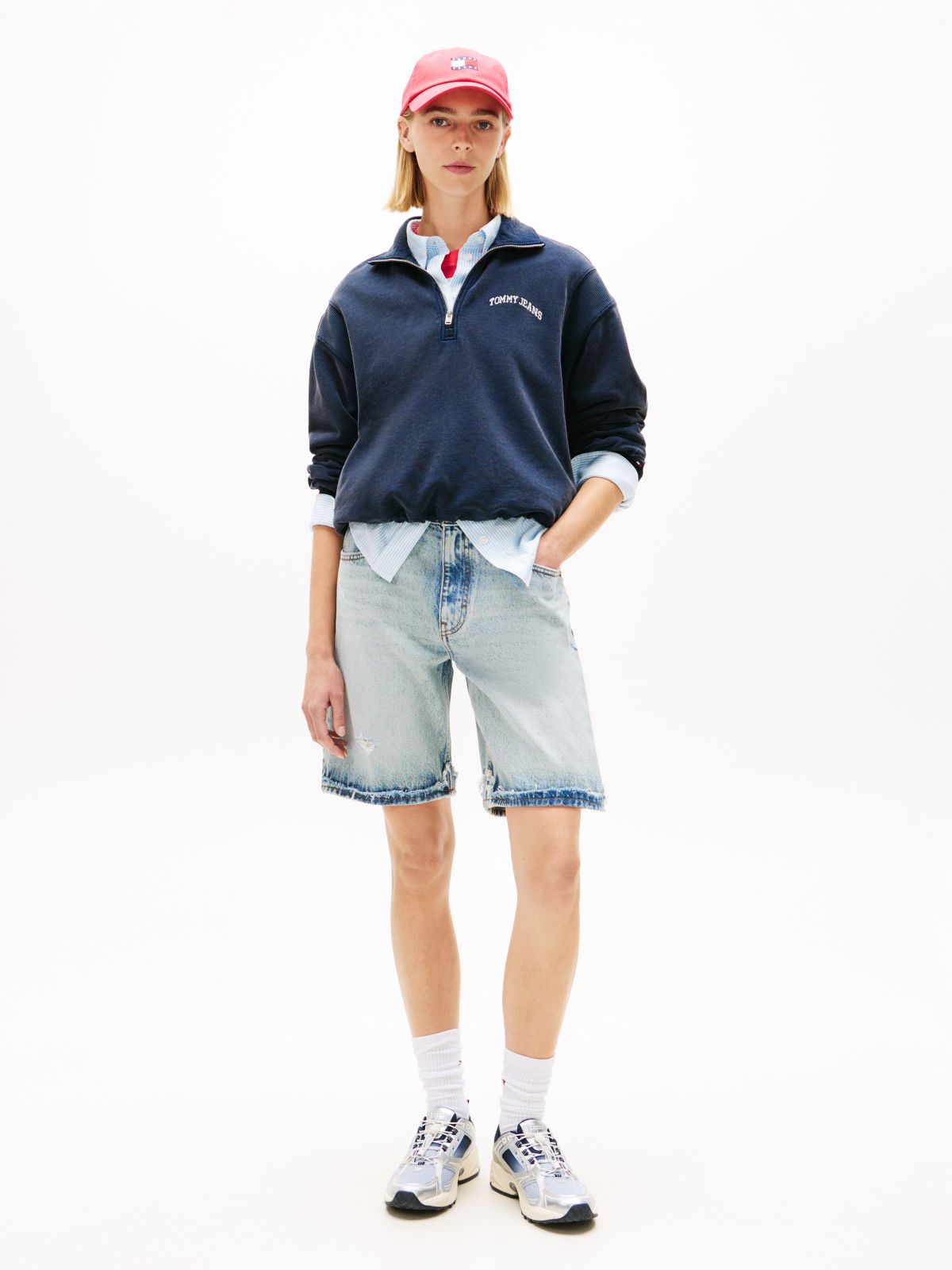 Logo Embroidery Relaxed Quarter-Zip Sweatshirt — Blue
