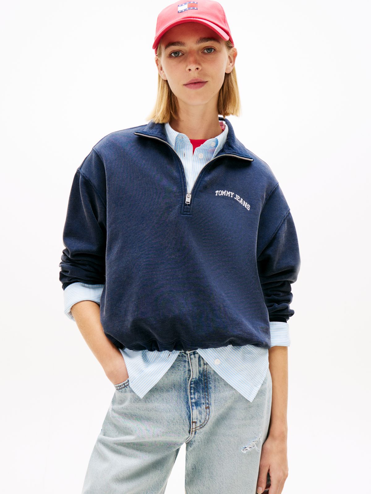 Logo Embroidery Relaxed Quarter-Zip Sweatshirt — Blue