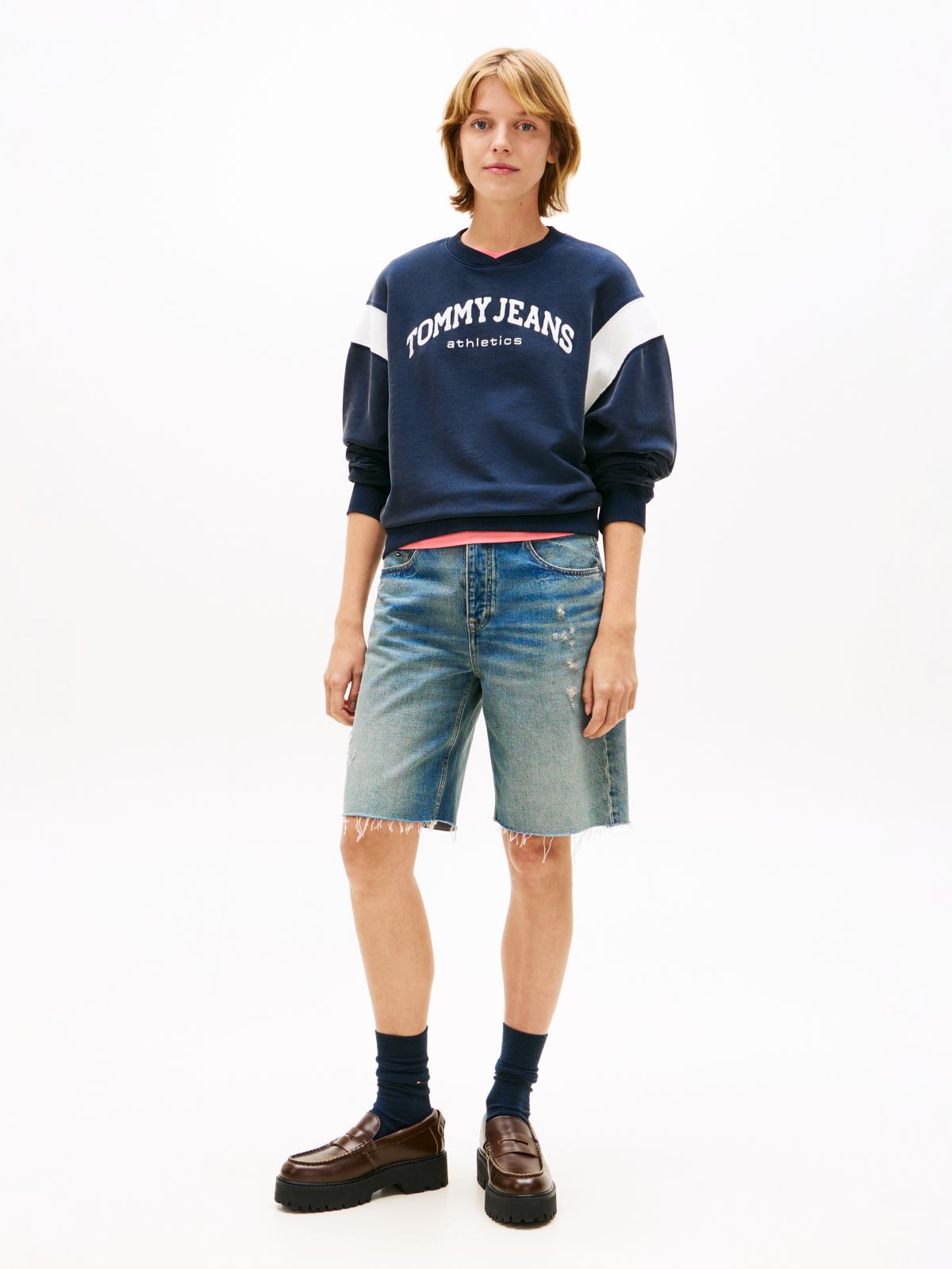 Contrast Logo Embroidery Boxy Sweatshirt — Blue