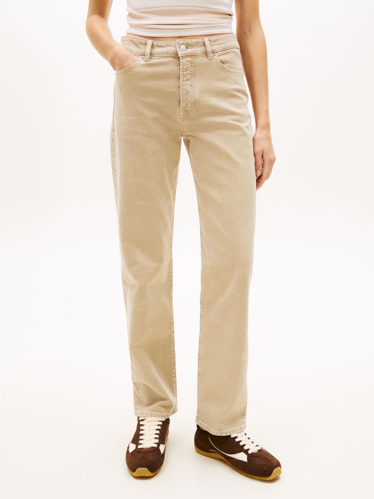 Kira Mid Rise Straight Washed Jeans — Beige