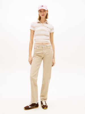 beige washed mid rise slim straight leg jeans for women tommy jeans