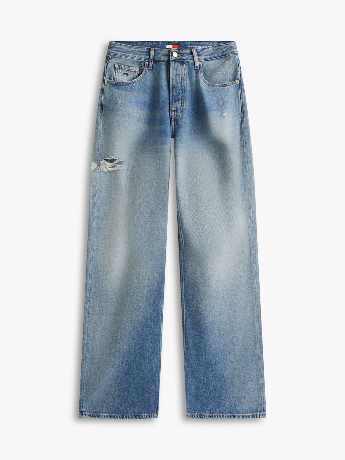 Mia Mid Rise Relaxed Straight Distressed Jeans — Blue