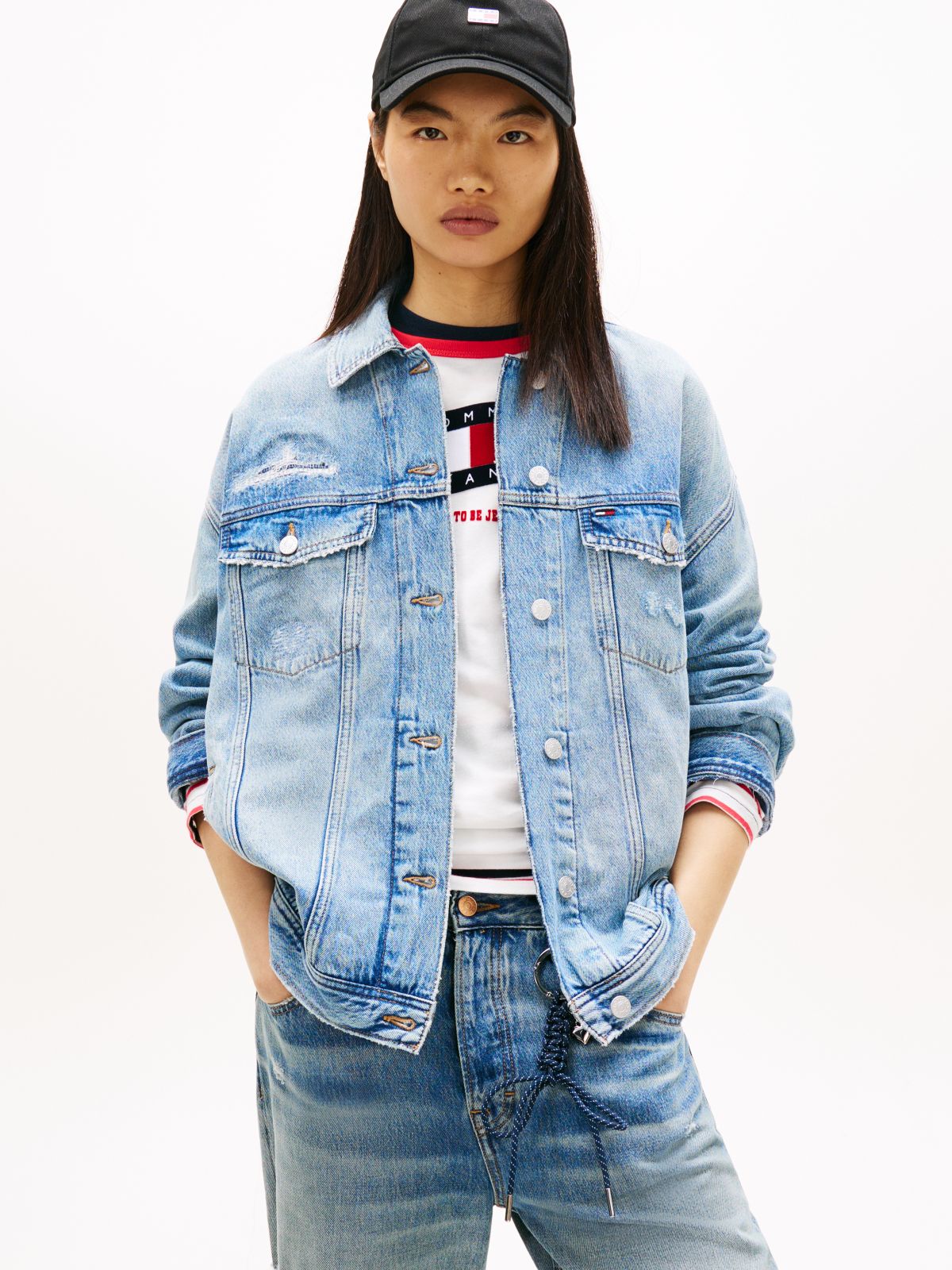 Distressed Oversized Denim Trucker Jacket — Blue