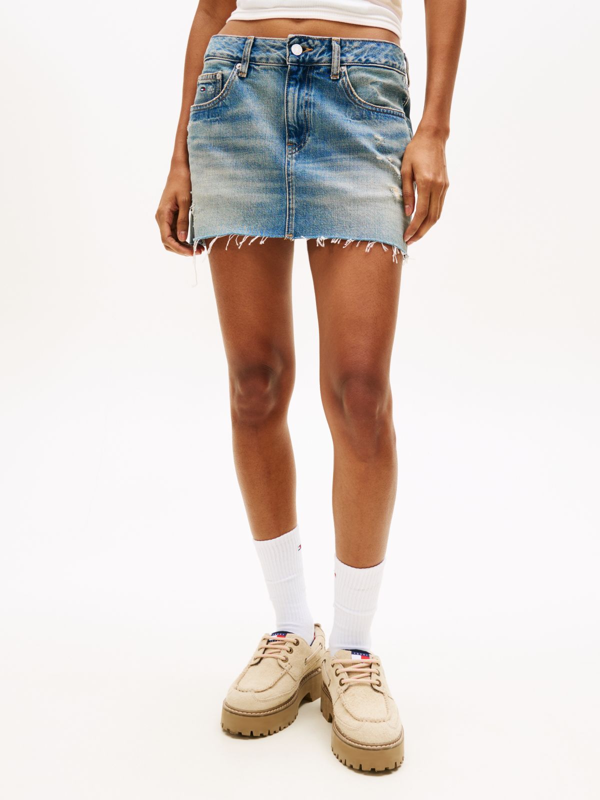 Distressed Denim Slim Mini Skirt — Blue