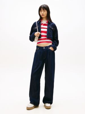 blue pleated mid rise loose straight leg jeans for women tommy jeans