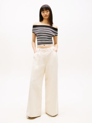 beige pleated mid rise loose straight leg jeans for women tommy jeans