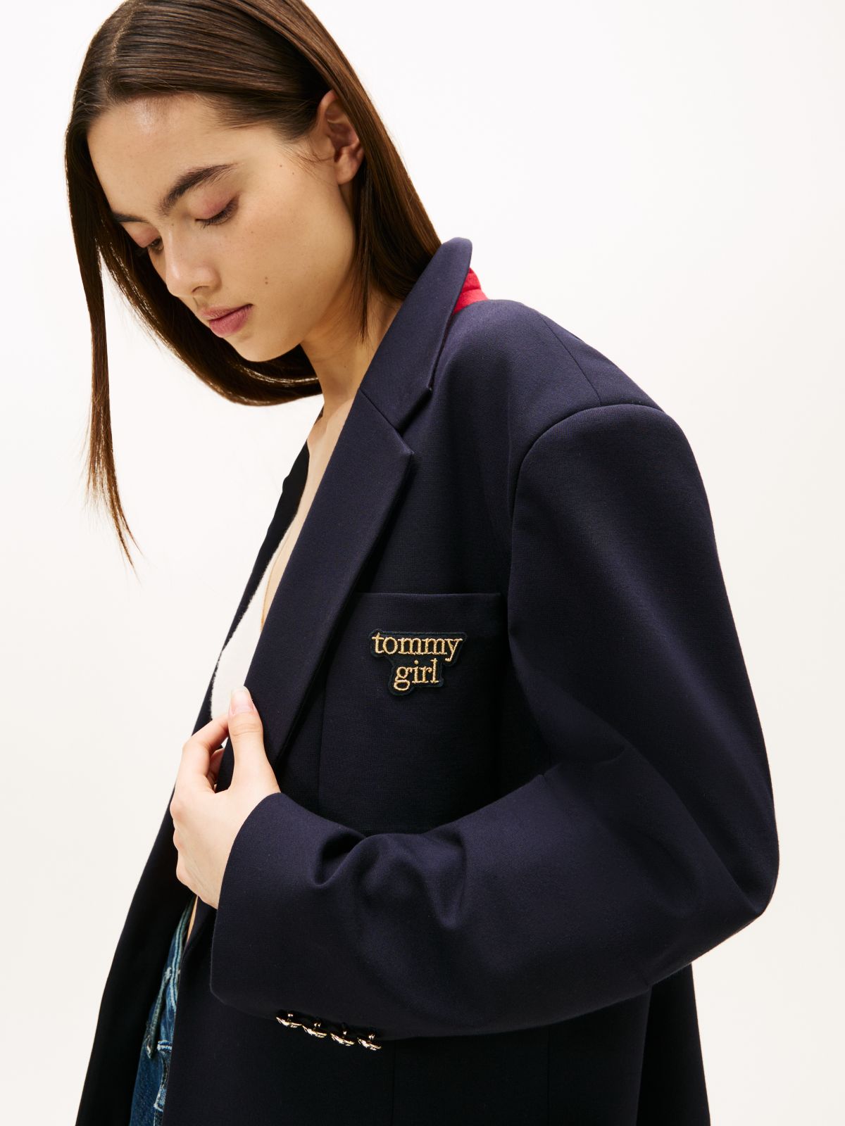 Tommy Girl Logo Oversized Fit Jersey Blazer — Blue