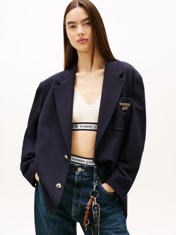 Tommy Girl Logo Oversized Fit Jersey Blazer — Blue