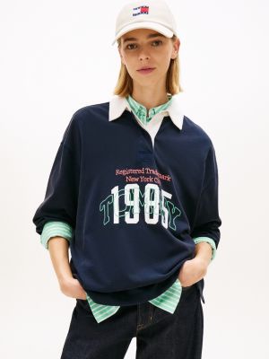 blue logo embroidery jersey oversized rugby shirt for women tommy jeans