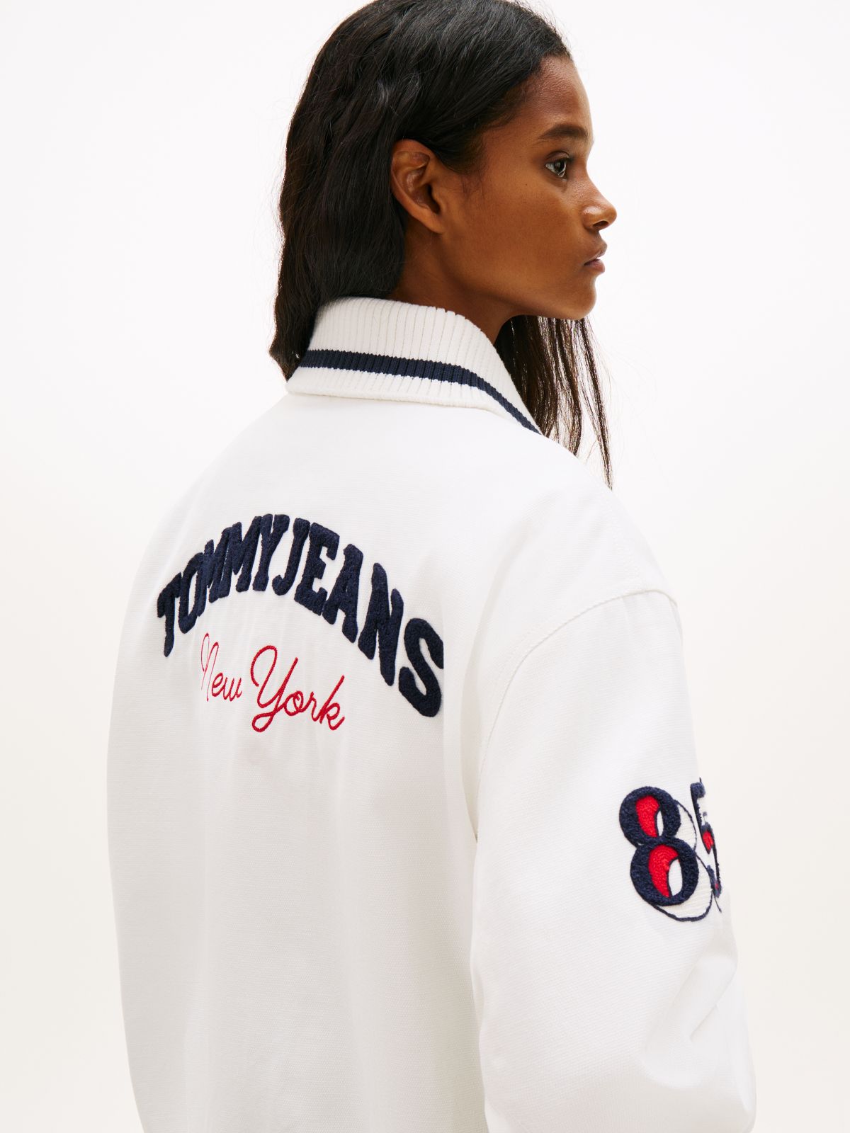 Canvas Back Logo Oversized Varsity Jacket — White