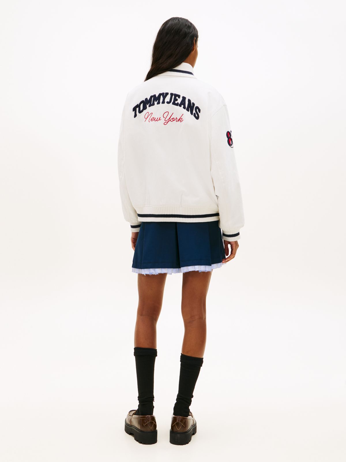 Canvas Back Logo Oversized Varsity Jacket — White