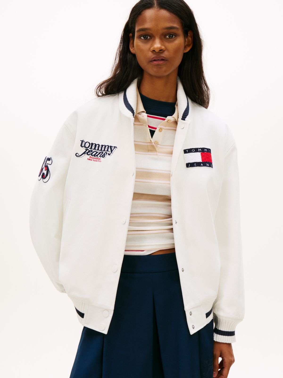 Canvas Back Logo Oversized Varsity Jacket — White