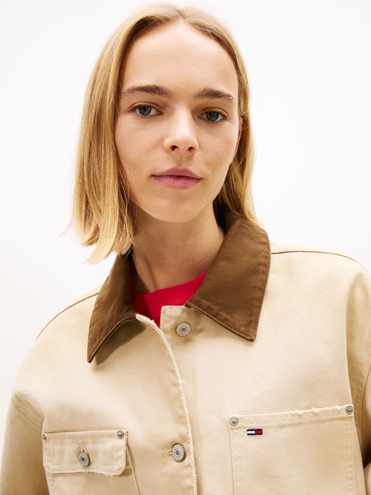 Distressed Canvas Oversized Chore Jacket — Beige