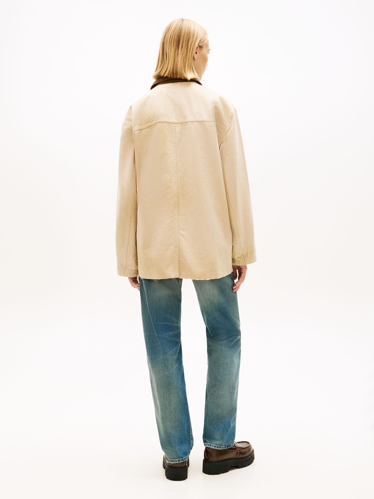 Distressed Canvas Oversized Chore Jacket — Beige