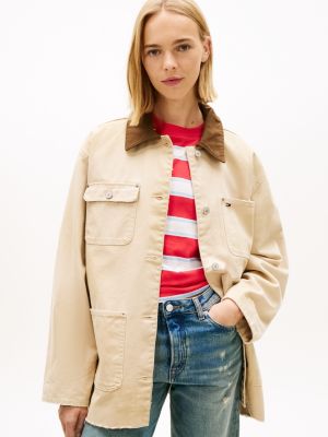 beige distressed canvas oversized chore jacket for women tommy jeans