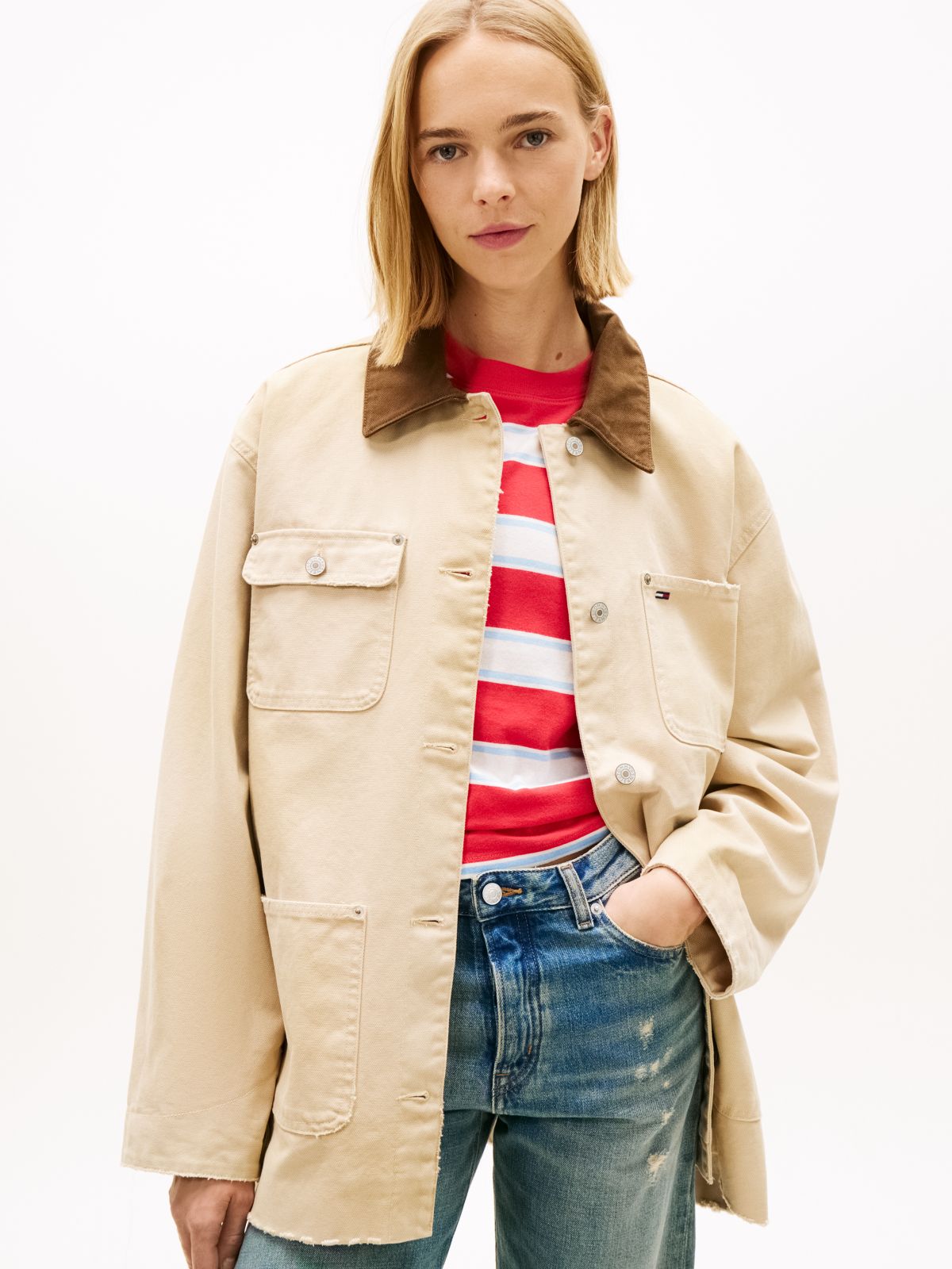 Distressed Canvas Oversized Chore Jacket — Beige