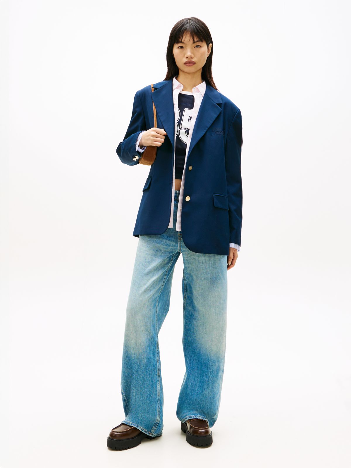 Boyfriend Fit Gold-Tone Button Blazer — Blue