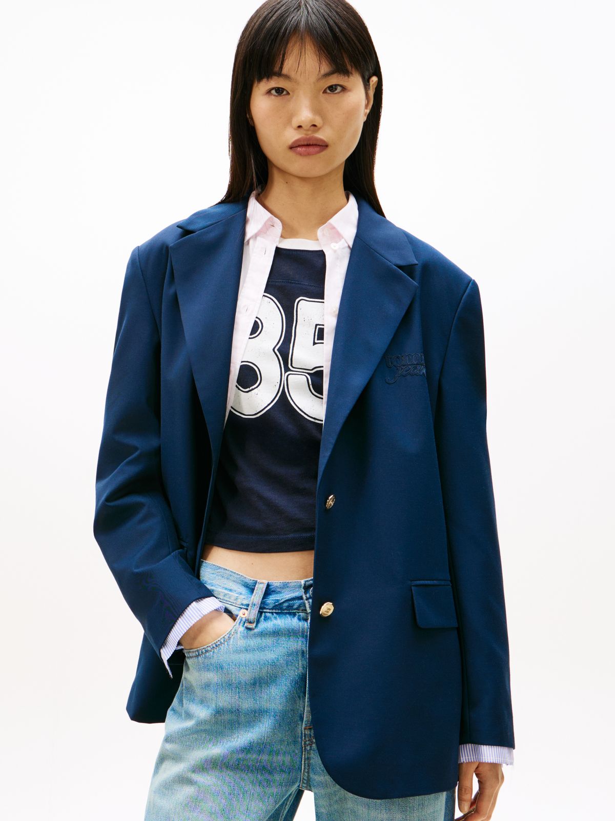 Boyfriend Fit Gold-Tone Button Blazer — Blue