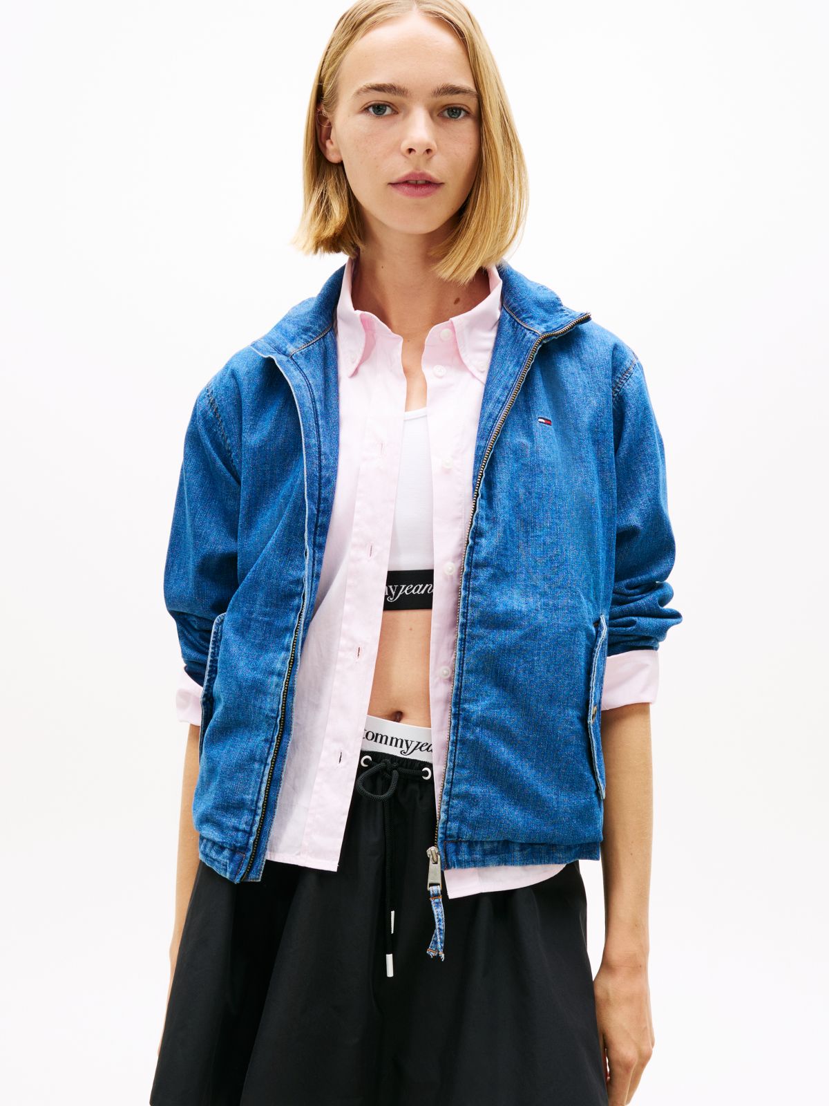 Zip-Thru Chambray Denim Jacket — Blue