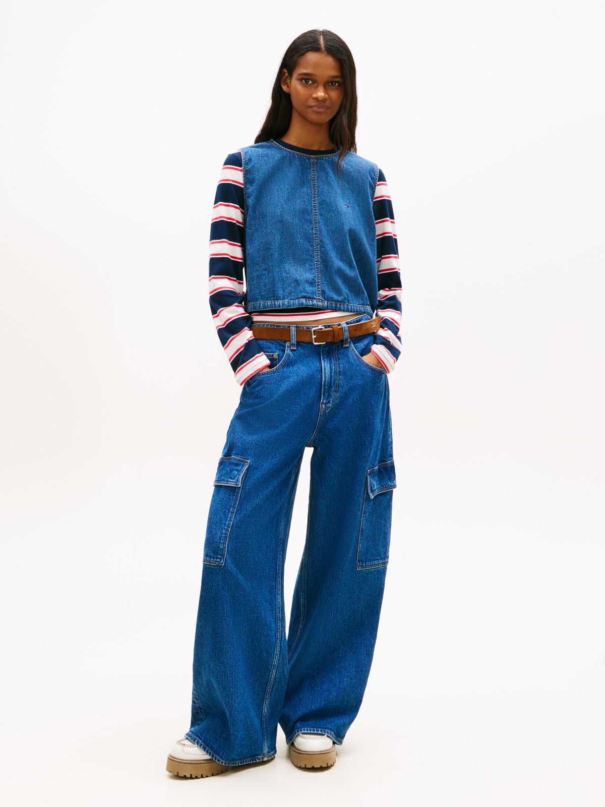 Chambray Denim Side Tie Sleeveless Blouse — Blue