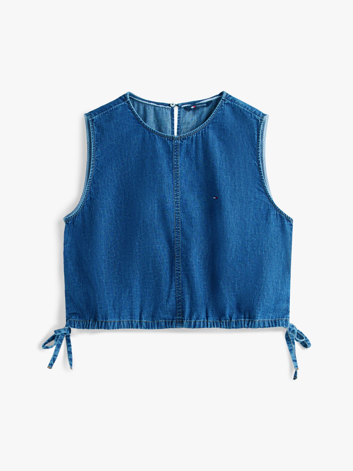 Chambray Denim Side Tie Sleeveless Blouse — Blue