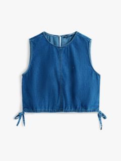 Chambray Denim Side Tie Sleeveless Blouse — Blue 5