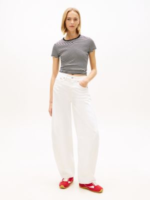 white mid rise twist seam barrel leg white jeans for women tommy jeans
