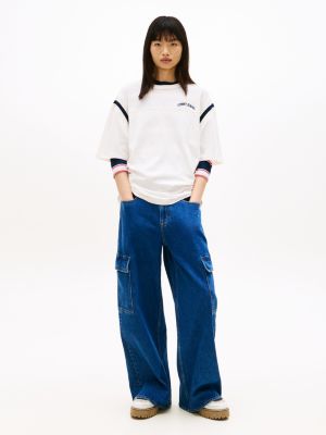 blue mid rise loose wide leg cargo jeans for women tommy jeans