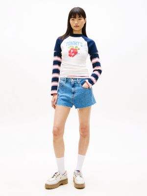 blue raw hem faded denim shorts for women tommy jeans