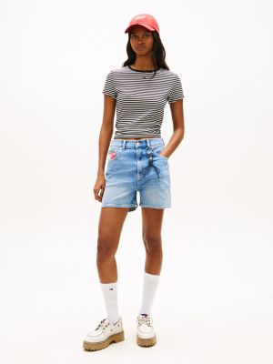 blue colour-blocked coin pocket mom denim shorts for women tommy jeans
