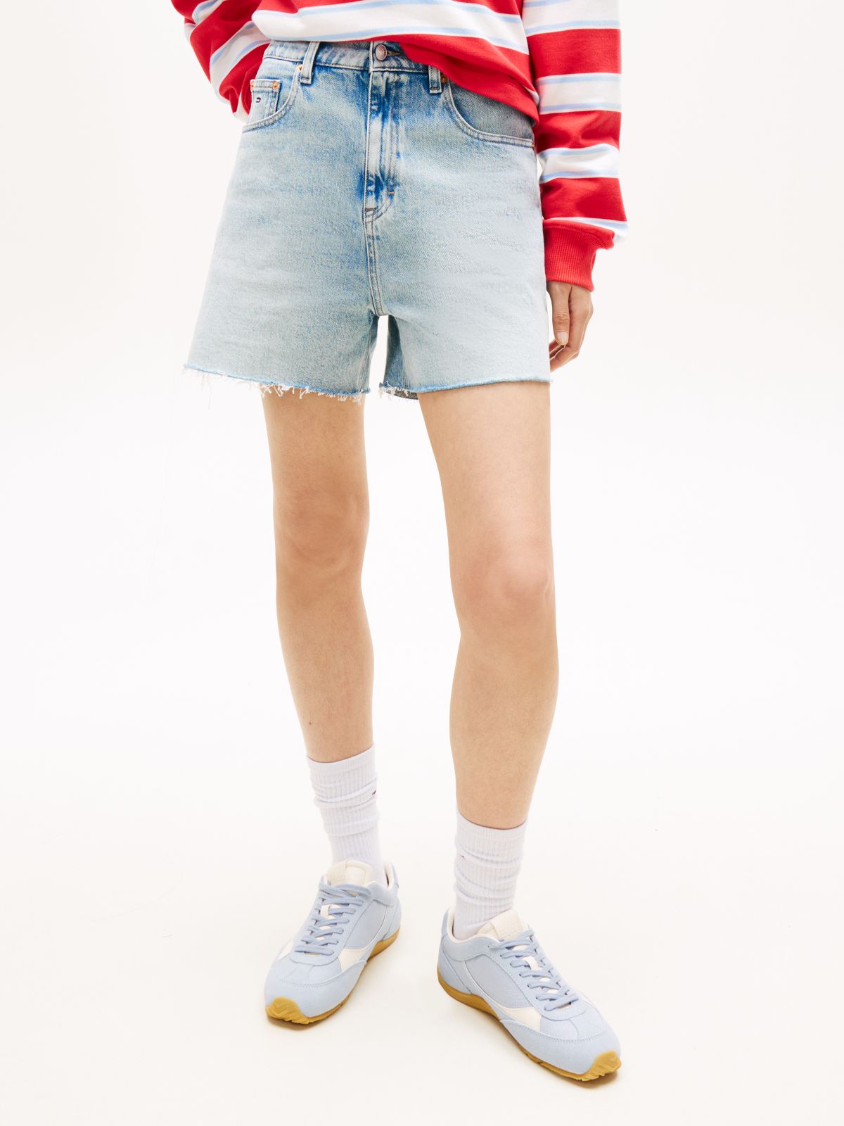 Faded Straight Leg Mom Denim Shorts — Blue