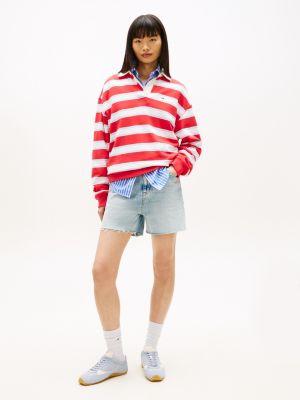 blue faded straight leg mom denim shorts for women tommy jeans