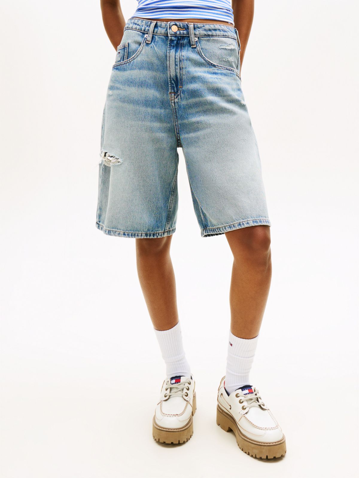 Distressed Loose Denim Shorts — Blue