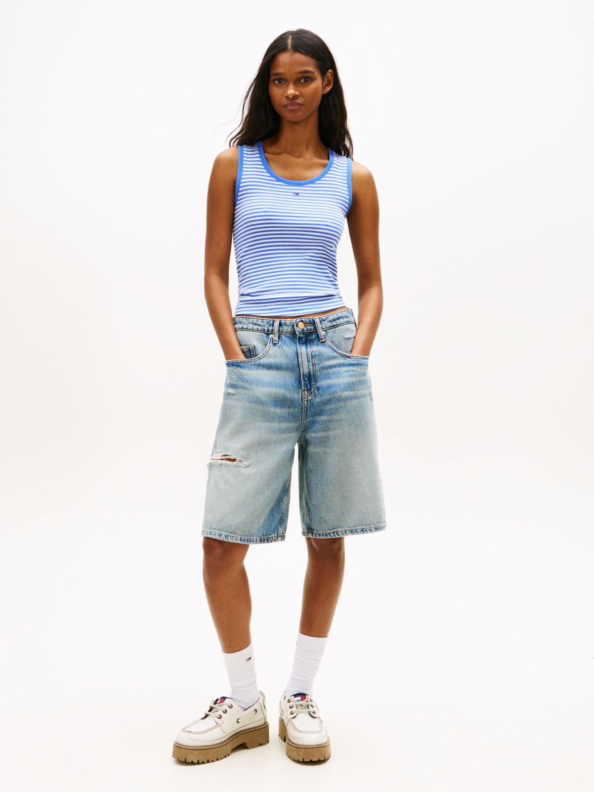 Distressed Loose Denim Shorts — Blue