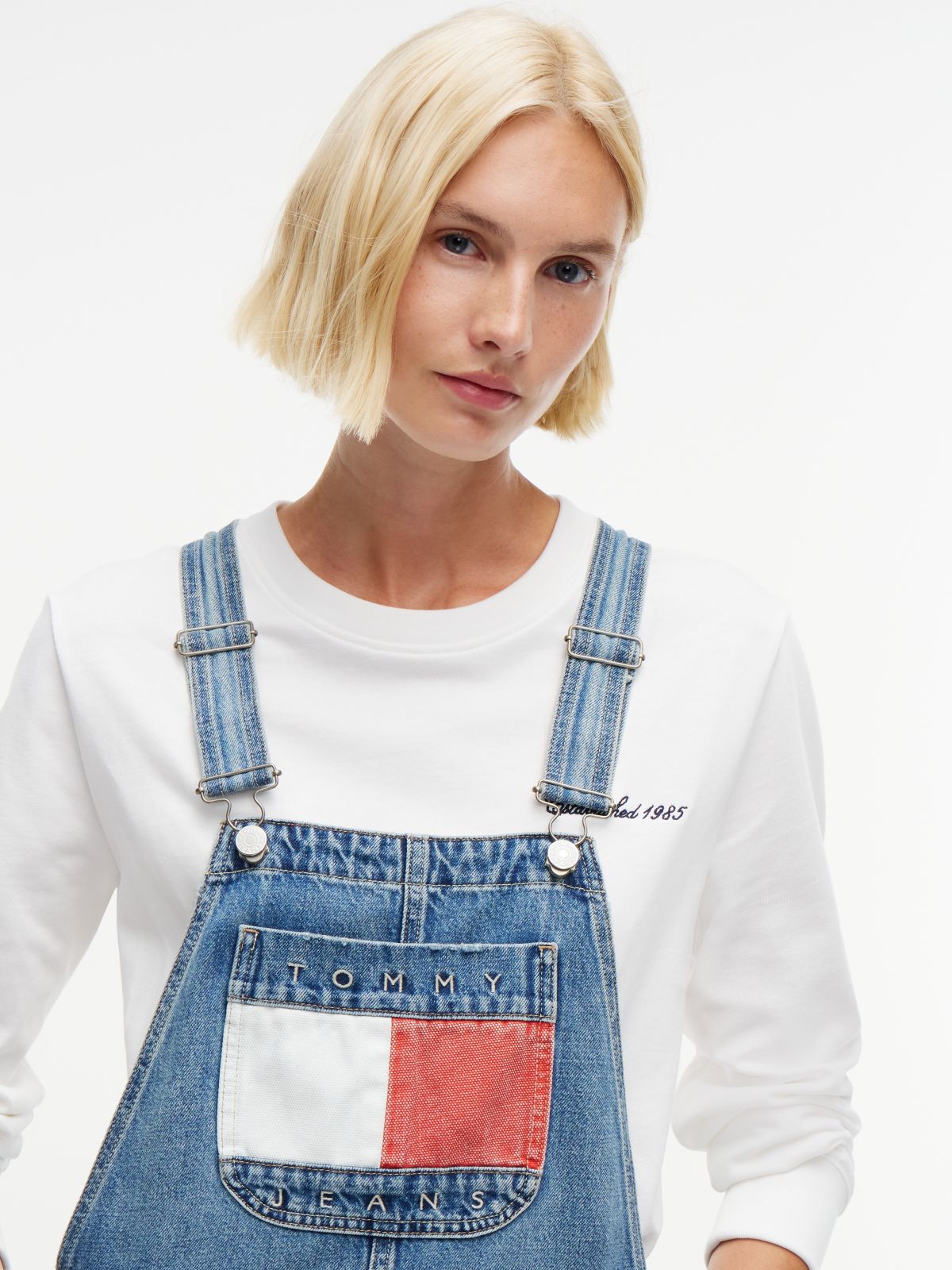 Flag Badge Relaxed Denim Dungarees — Denim