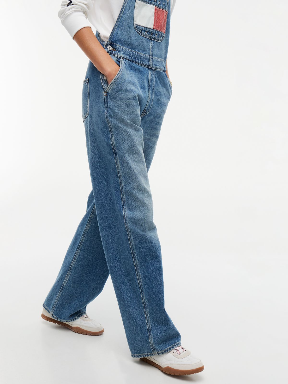 Flag Badge Relaxed Denim Dungarees — Denim