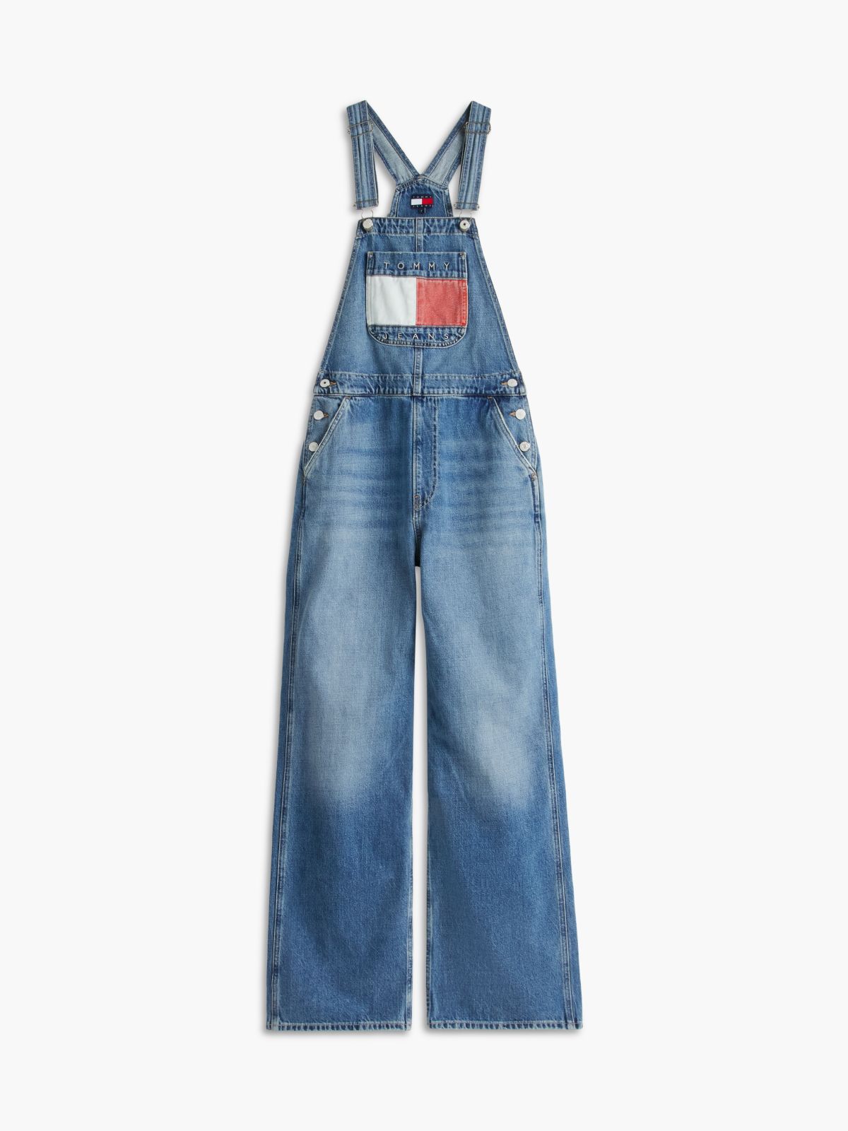 Flag Badge Relaxed Denim Dungarees — Denim