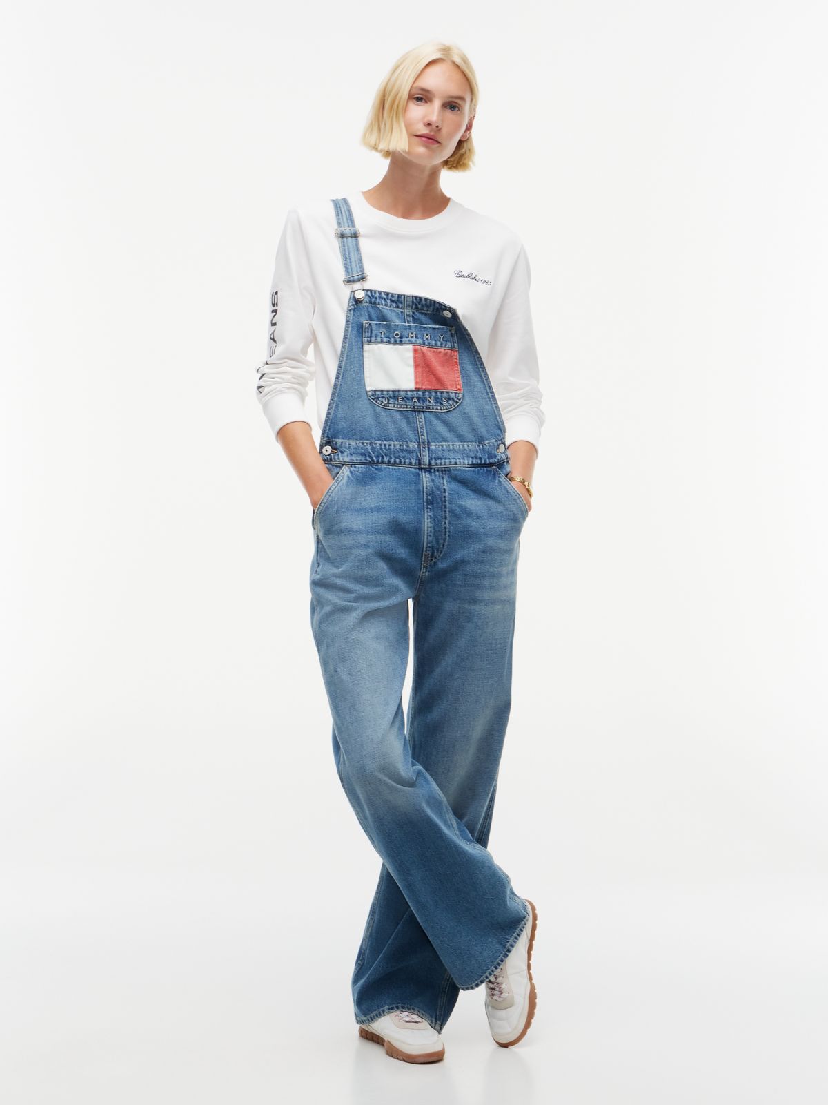 Flag Badge Relaxed Denim Dungarees — Denim