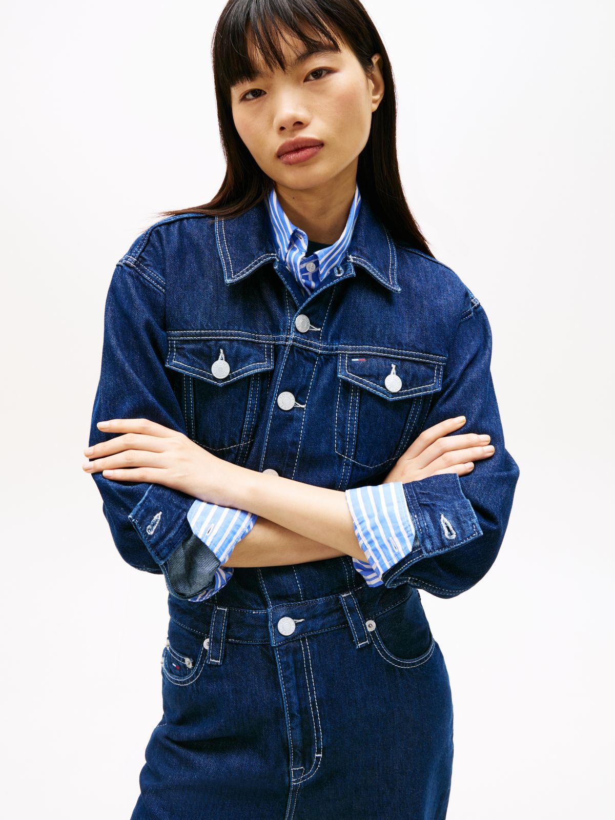 Flag Embroidery Collared Denim Jumpsuit — Blue