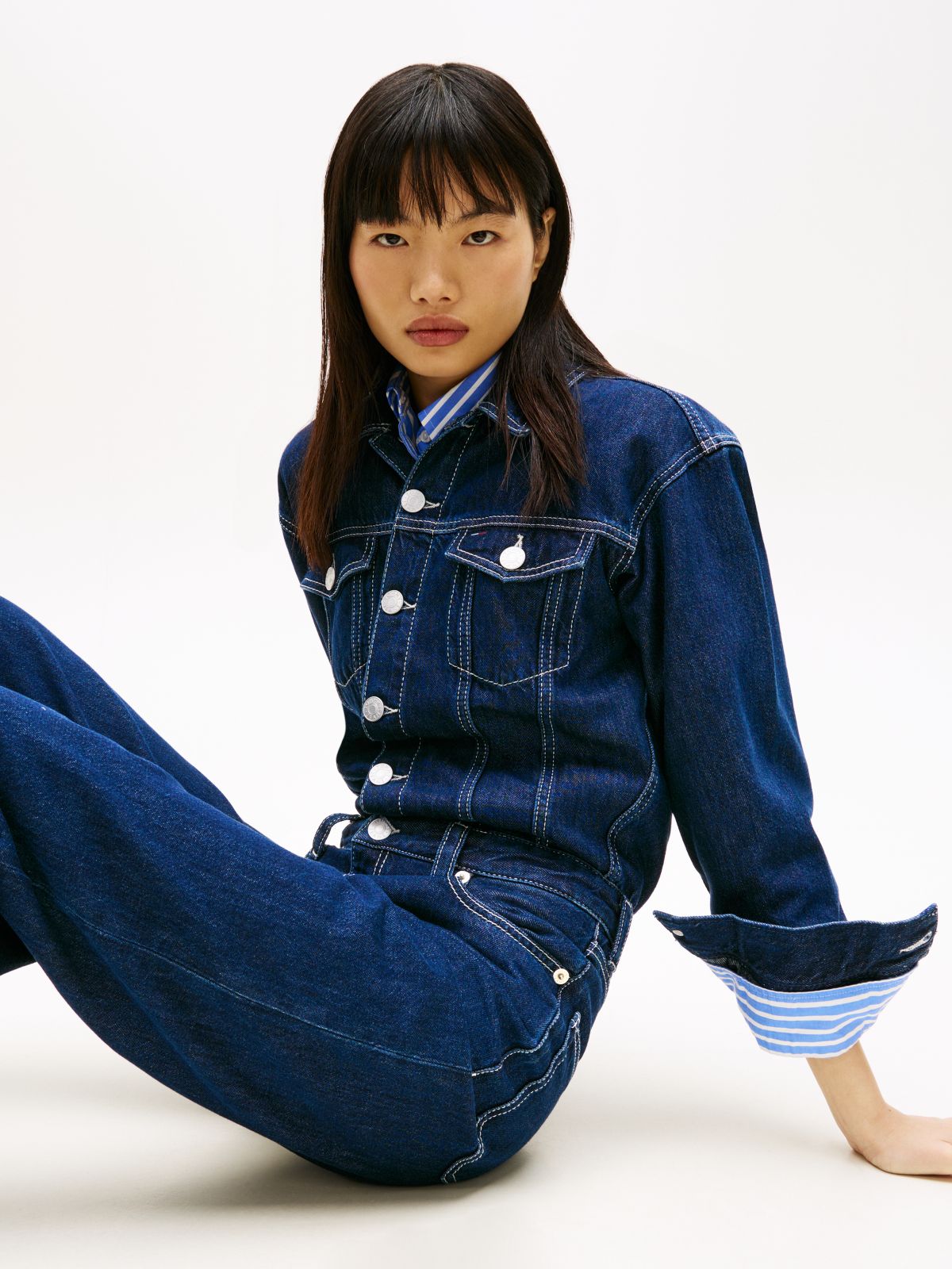 Flag Embroidery Collared Denim Jumpsuit — Blue
