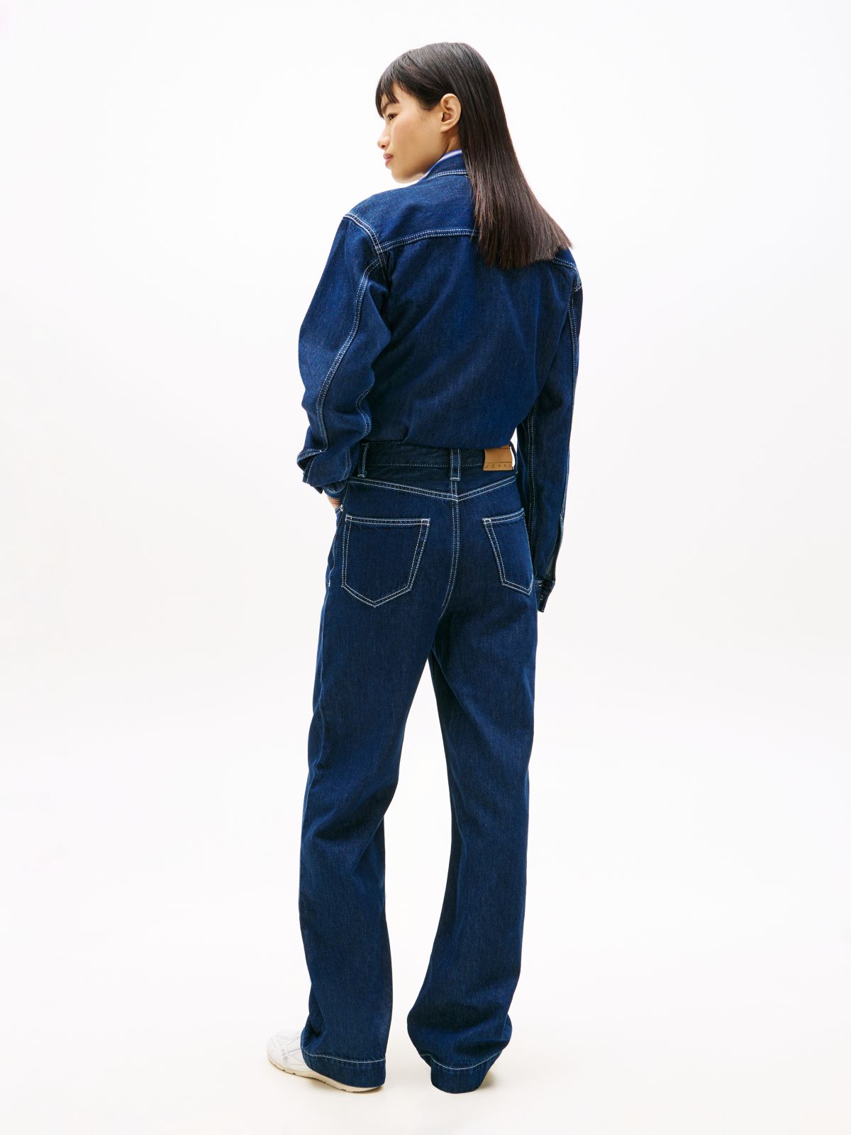 Flag Embroidery Collared Denim Jumpsuit — Blue