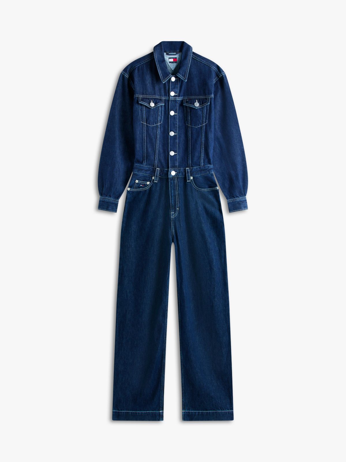 Flag Embroidery Collared Denim Jumpsuit — Blue