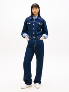 Flag Embroidery Collared Denim Jumpsuit — Blue 1