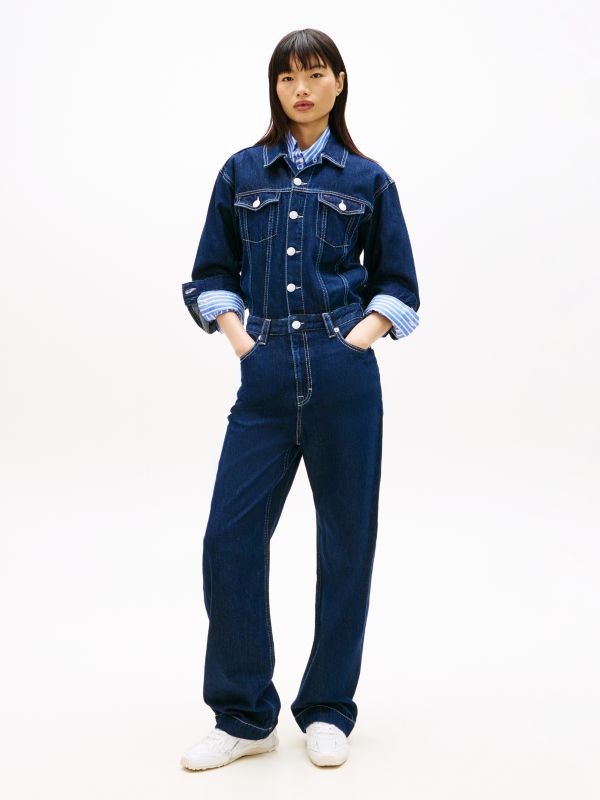 Flag Embroidery Collared Denim Jumpsuit — Blue