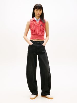 black mid rise twist seam barrel leg black jeans for women tommy jeans