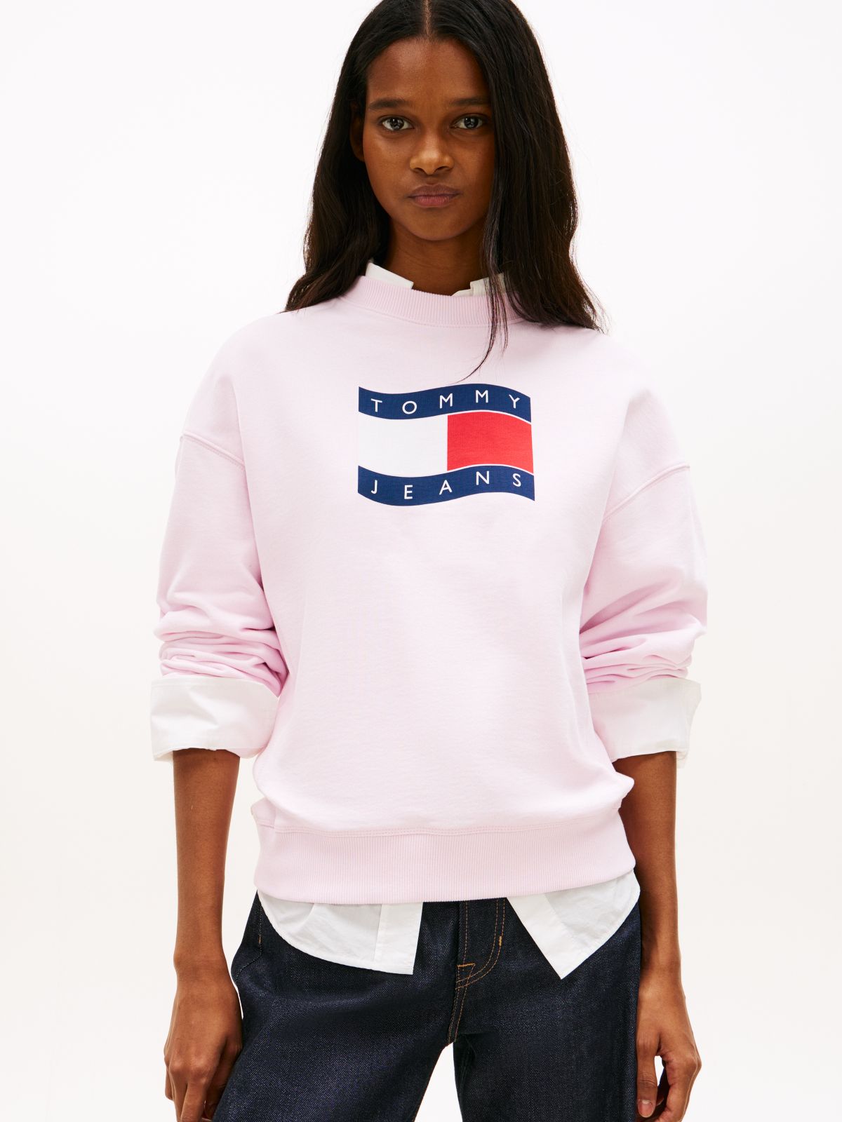 Wavy Flag Sueded Terry Boxy Sweatshirt — Pink