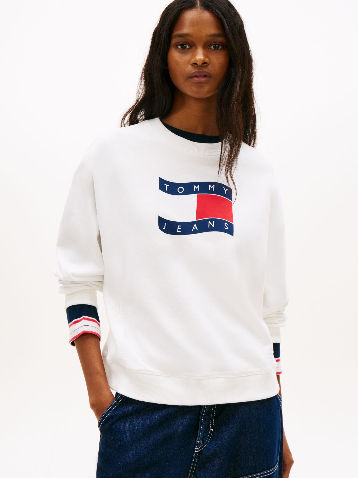 Wavy Flag Sueded Terry Boxy Sweatshirt — White