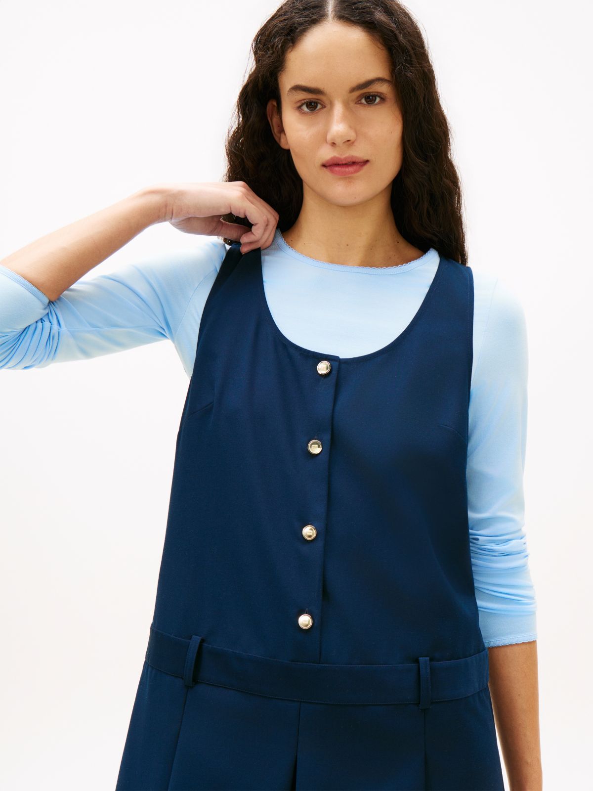 Tonal Logo Appliqué Pleated Mini Dress — Blue